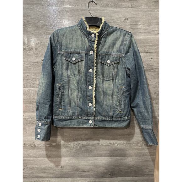Gap Faux Fur Lined Denim Trucker Jacket Button Up Size Women’s Medium - Picture 1 of 9